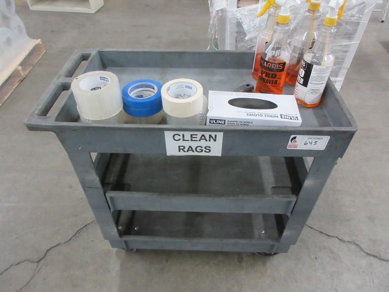 Plastic Shop Cart, 3 Shelves with Cleaning Supplies and Tape- Auction Item