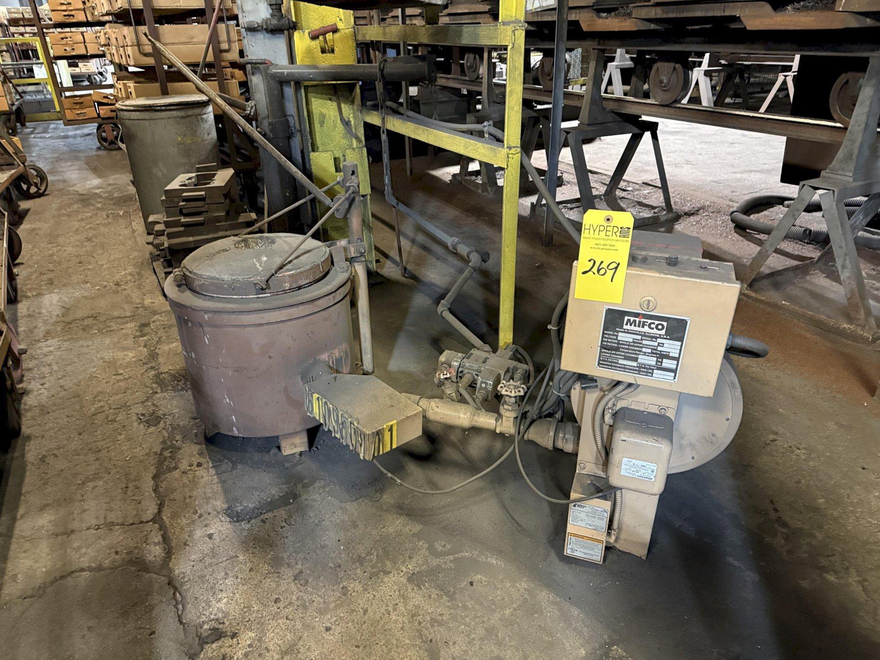 Mifco model B-180 100# gas fired melting furnace with gas system s/n 439-0315, 240 V 3 PH, 1800 - 2400 degree F