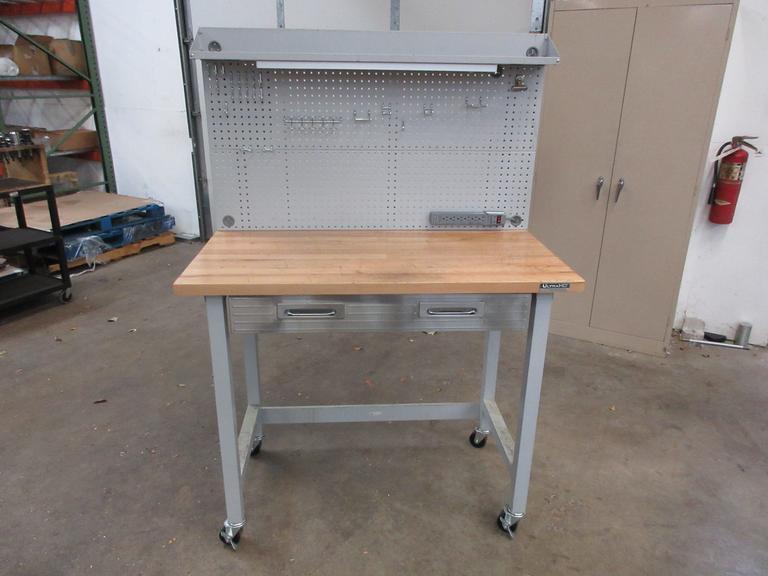 Portable Work Bench with Maple Top, Upper Shelf, Drawer, Work light- Auction Item