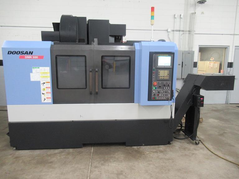 Doosan DNM 500 CNC Vertical Machining Center, 12K RPM Spindle, High Pressure Coolant, Renishaw Probing, Full 4th Axis, Chip Conveyor
