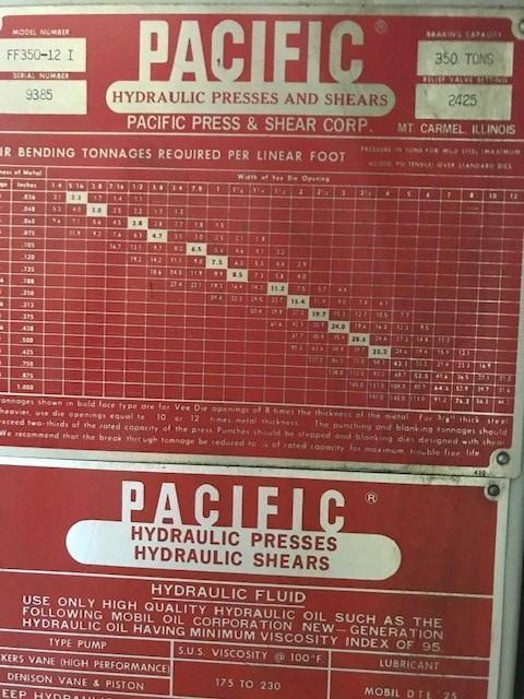 350 Ton x 12 ft Pacific Hydraulic Press Brake Model FF350-12 Series 1