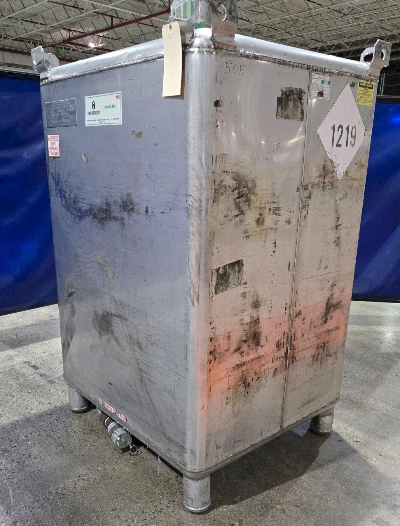 CLAWSON CONTAINER COMPANY 550 GALLON STAINLESS STEEL IBC TANK USED