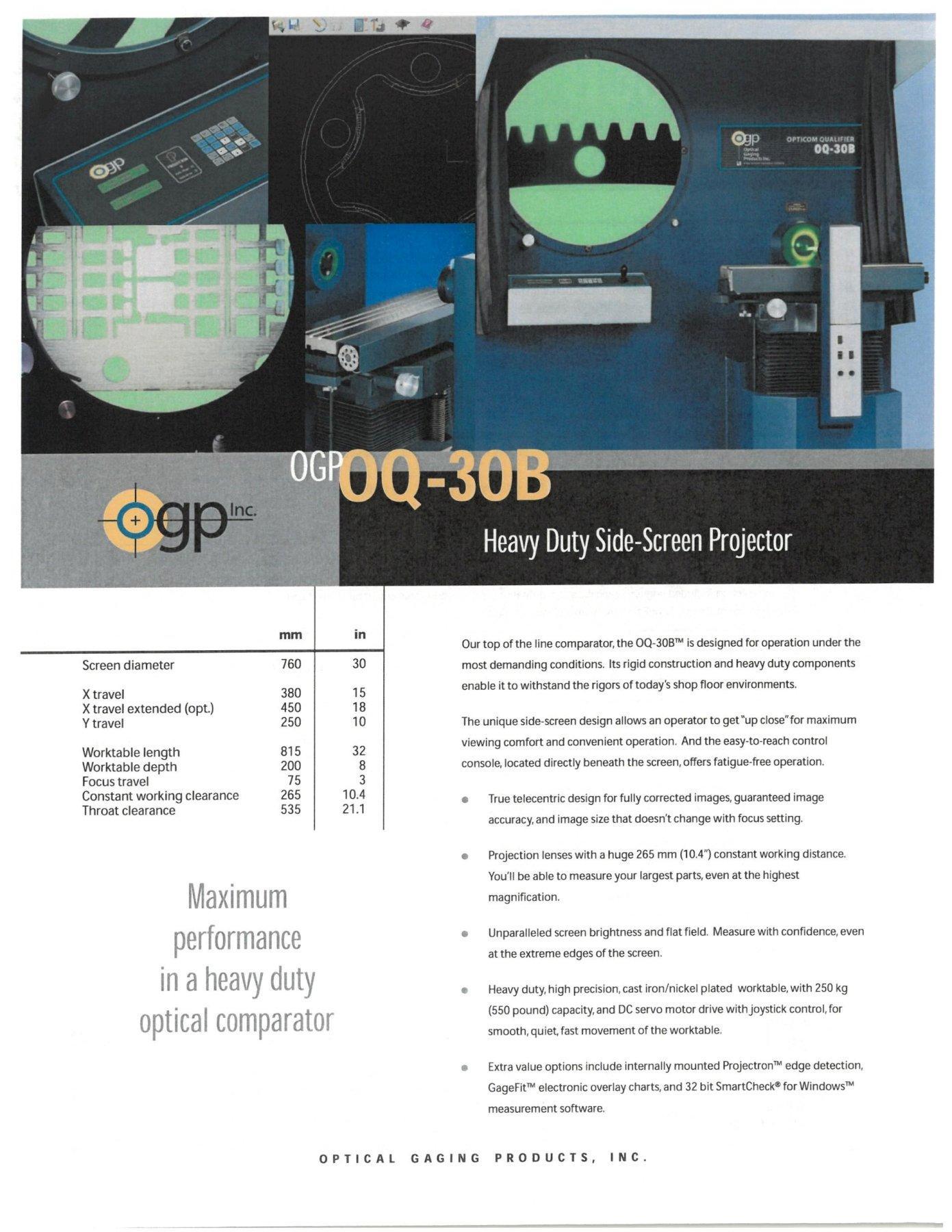 30" OGP Model OQ-30B Heavy Duty Side Screen Optical Comparator and Measuring Machine, S/N OQB30195.