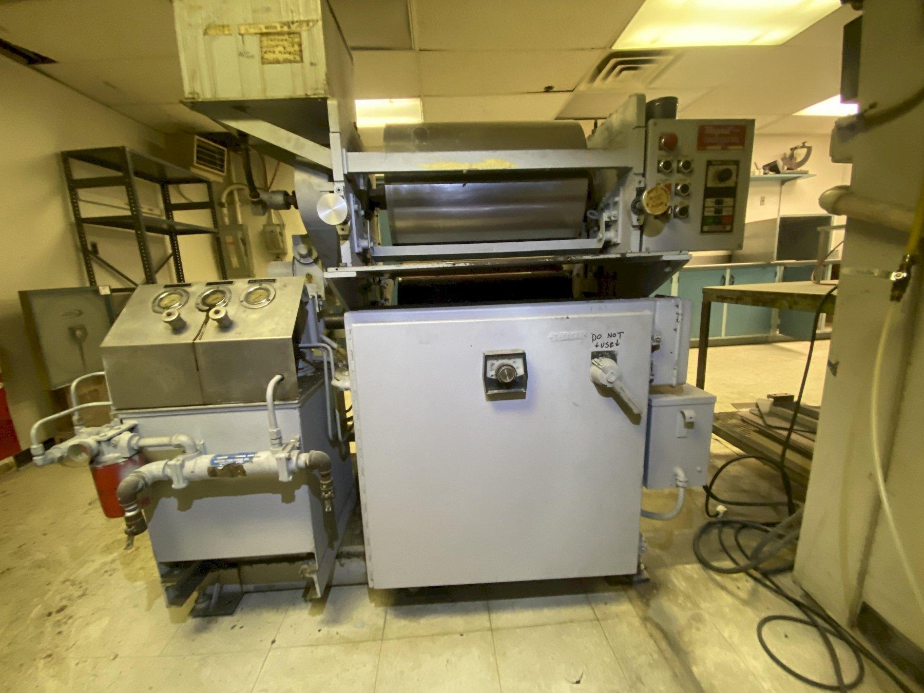 2 Roll Vertical Lab Machine Calendar, w/ Rolls 24” Long x 18” Dia. and Heat Exchanger