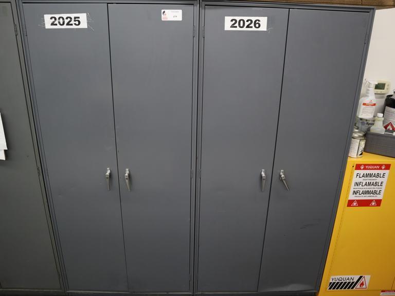 Metal 2 Door Heavy Duty Storage Cabinets (2 Units) with Adjustable Shelves and Contents of Plastic Bins and Parts- Auction Item