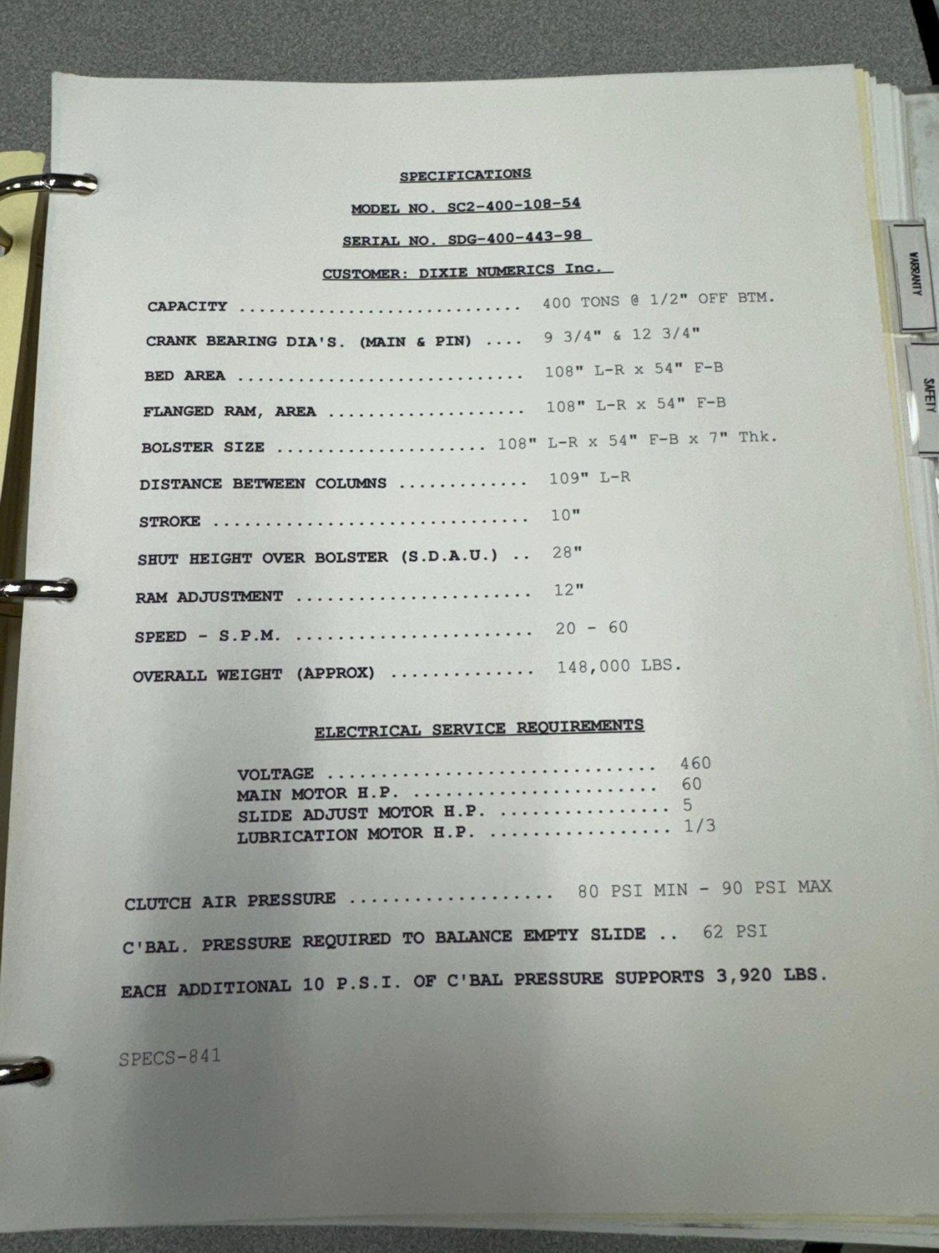 400-ton Blow SC2-400-108-54 Straight Side Mechanical Stamping Press For Sale, Year 1997