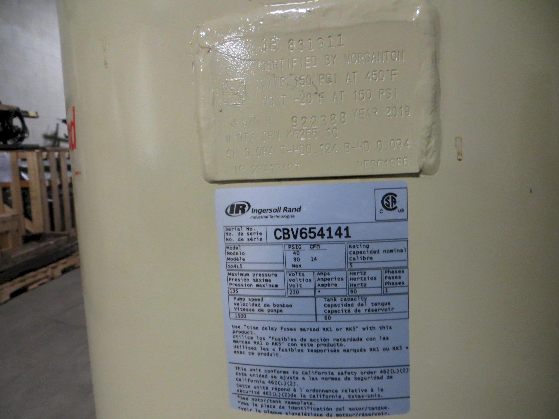 5 HP, Ingersoll Rand Vertical Air Compressor, 60 Gallon Tank, 230 Volt, Single Phase