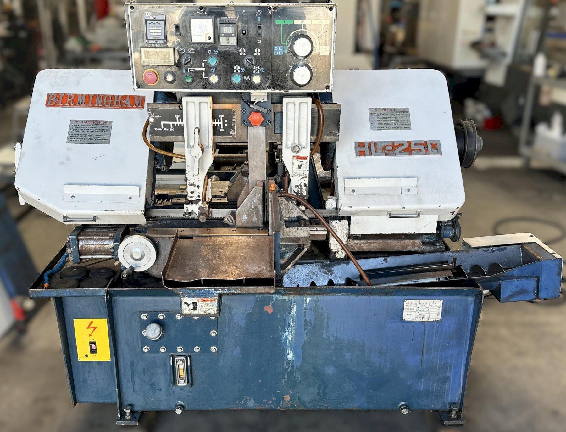 Birmingham HL-250 Equipped with: Vari Speed Blade Drive Hydraulic Vise, Hydraulic Shuttle Vise Chip Auger, Built- In Coolant Pan and Pump Manual/Auto Operation, Multiple Stroke Counter Presently Wired