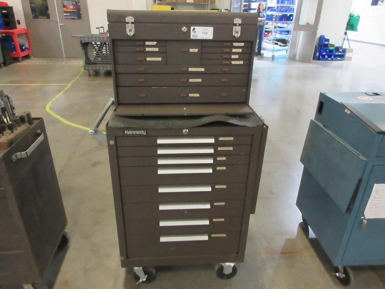 Kennedy 19-Drawer Rolling Tool Chest with Top and Bottom Units, Side Shelf and Contents- Auction Item