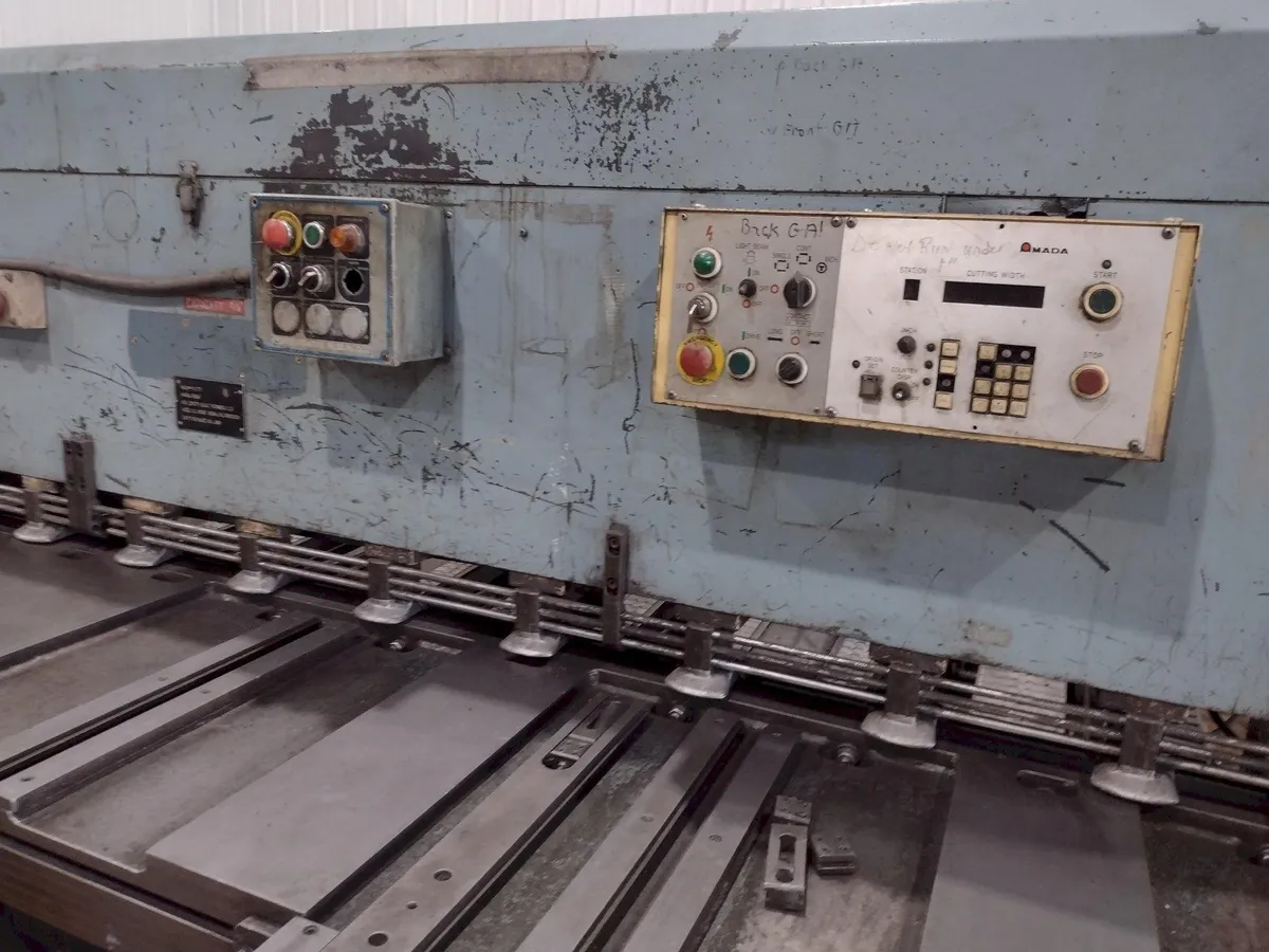 13' x 1/4" AMADA MODEL #M-4065 MECHANICAL POWER SQUARING SHEAR, FRONT GUAGING, CONVEYOR & STACKER