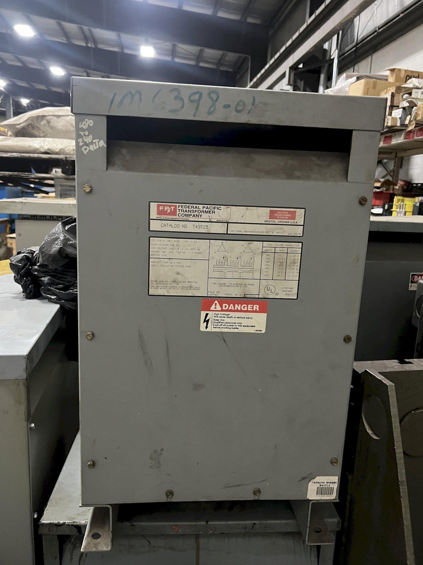 15 KVA @ 150 C RISE  TRANSFORMER 480 HV, 240/120 LOW VOLTAGE