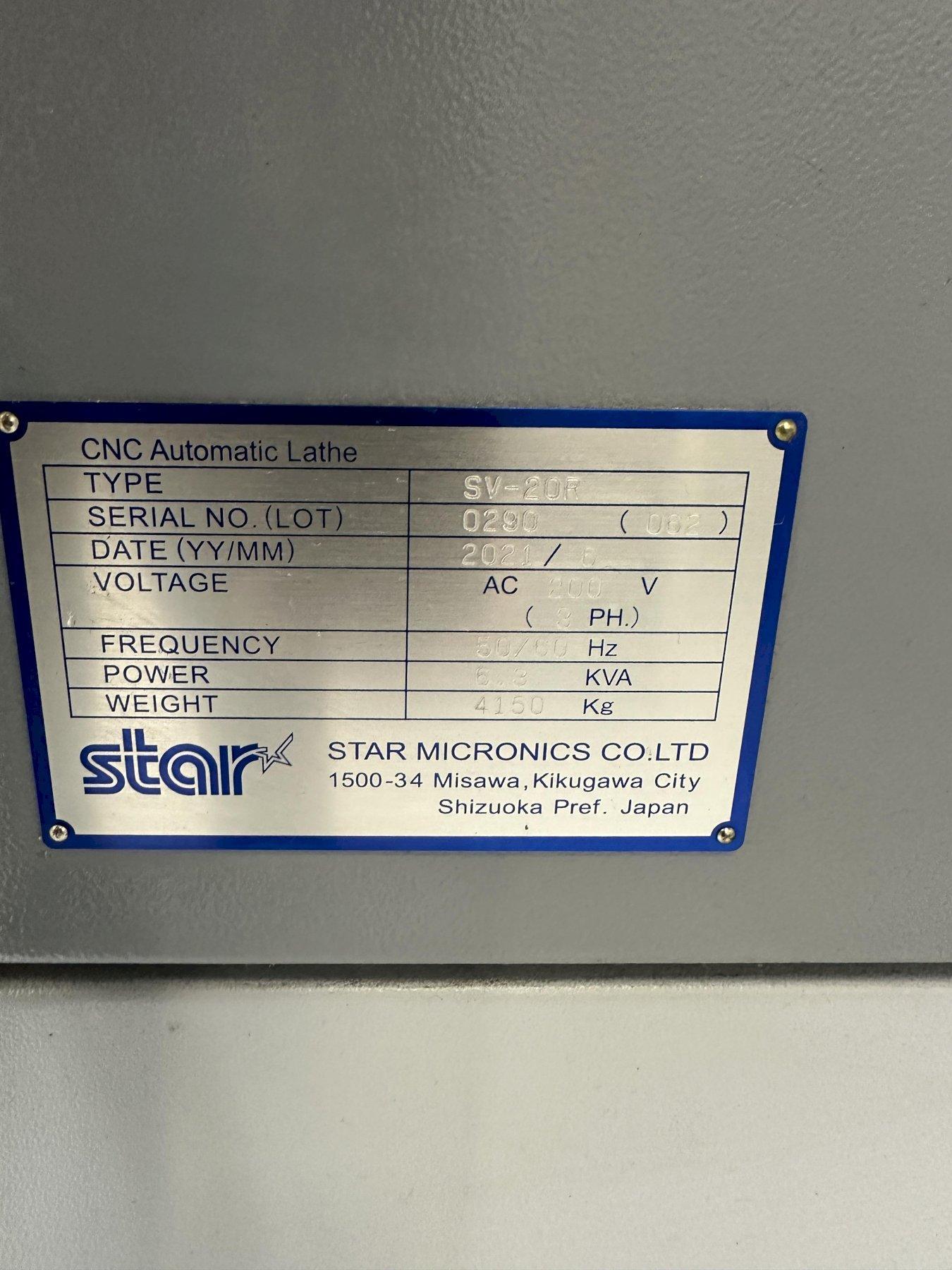 2021 Star SV-20R 20mm CNC Swiss Type Screw Machine s/n 0290 w/ Fanuc Series 31i-MODEL B5 Controls, Hand Wheel, 8-Station Live Turret with 2-Mountable Positions Each, 8,000 Live Tool RPM, Full C Axis @ 10,000 RPM Main Spindle, 20mm Sub Spindle with Full C Axis @ 10,000 RPM, 7-Cross Slide Tool Positions, 5-Live Cross Drilling Stations, Parts Catcher, Parts Conveyor, Tri-Mist 850 G2 Mist Collector, 2021 LNS GT326-E Hydraulic Bar Loade / Feeder s/n 15232002484