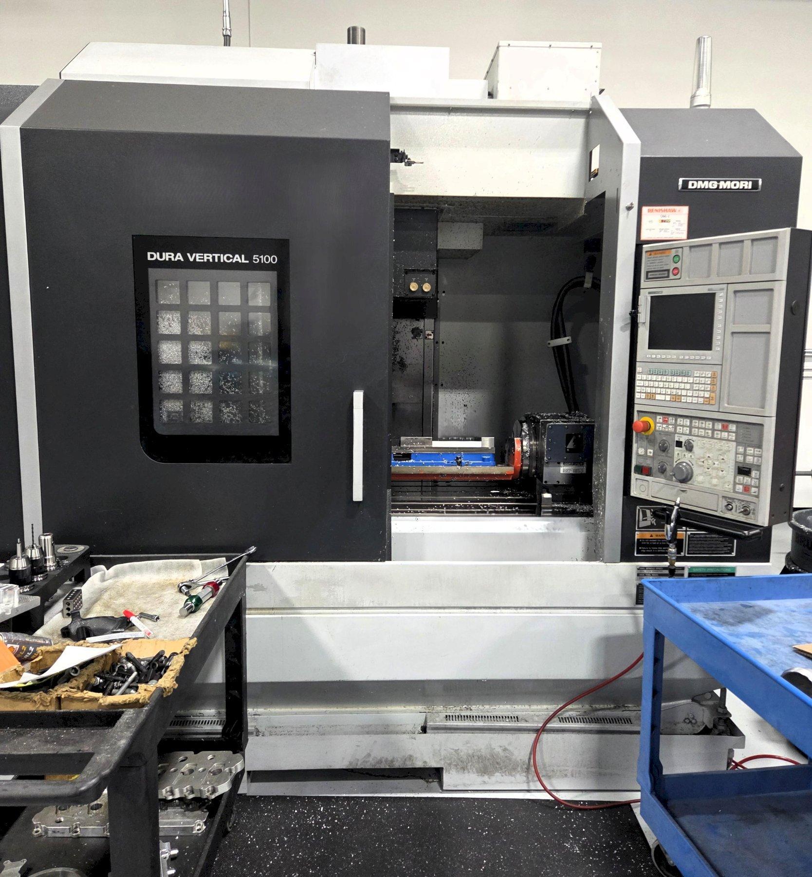 DMG Mori DuraVertical 5100 CNC Vertical Machining Center 2015, DDRT-200 4TH Axis Rotary Table, LNS Chip Conveyor, Renishaw Probe, Chip Blaster High Pressure Coolant