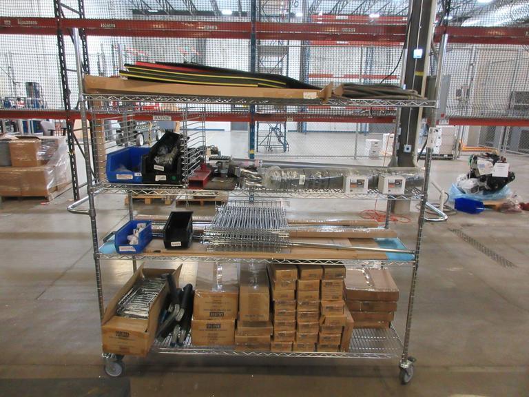 Uline Rolling Metal Wire Cart with Contents Including, Shelving Accessories, Anti-Fatigue Mats, Wall Storage Supplies and MORE!- Auction Item