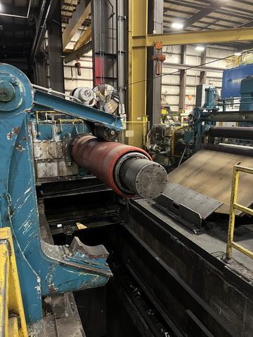 60,000# x 72" Denro Uncoiler with Hold Down Roll and Mandrel Support Arm