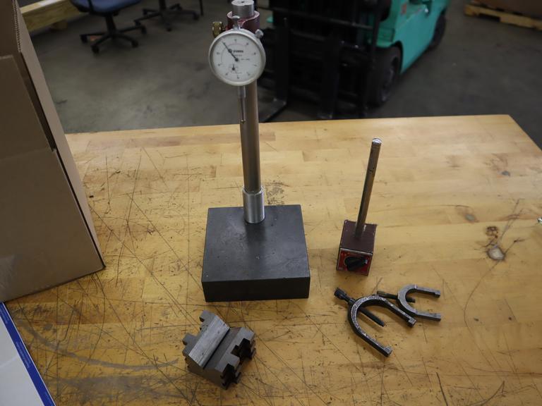 Black Granite Height Stand with Yuasa 1" Travel Indicator, Vee Block, and Mag Base Indicator Stand- Auction Item