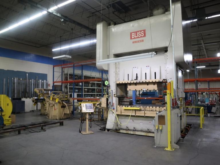 Bliss SC2-500 500 Ton Straight Side Punch Press, Double Crank, 12" Stroke, with Rowe Press Feed, Controls and Coil Reel- Auction Item