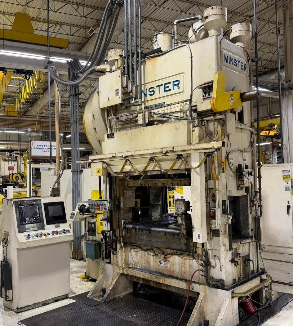 150-ton Minster "Piece-Maker" Back Geared Straight Side Press Model P2-150-60 For Sale, Year 1996 -  Includes Coil Feed Line