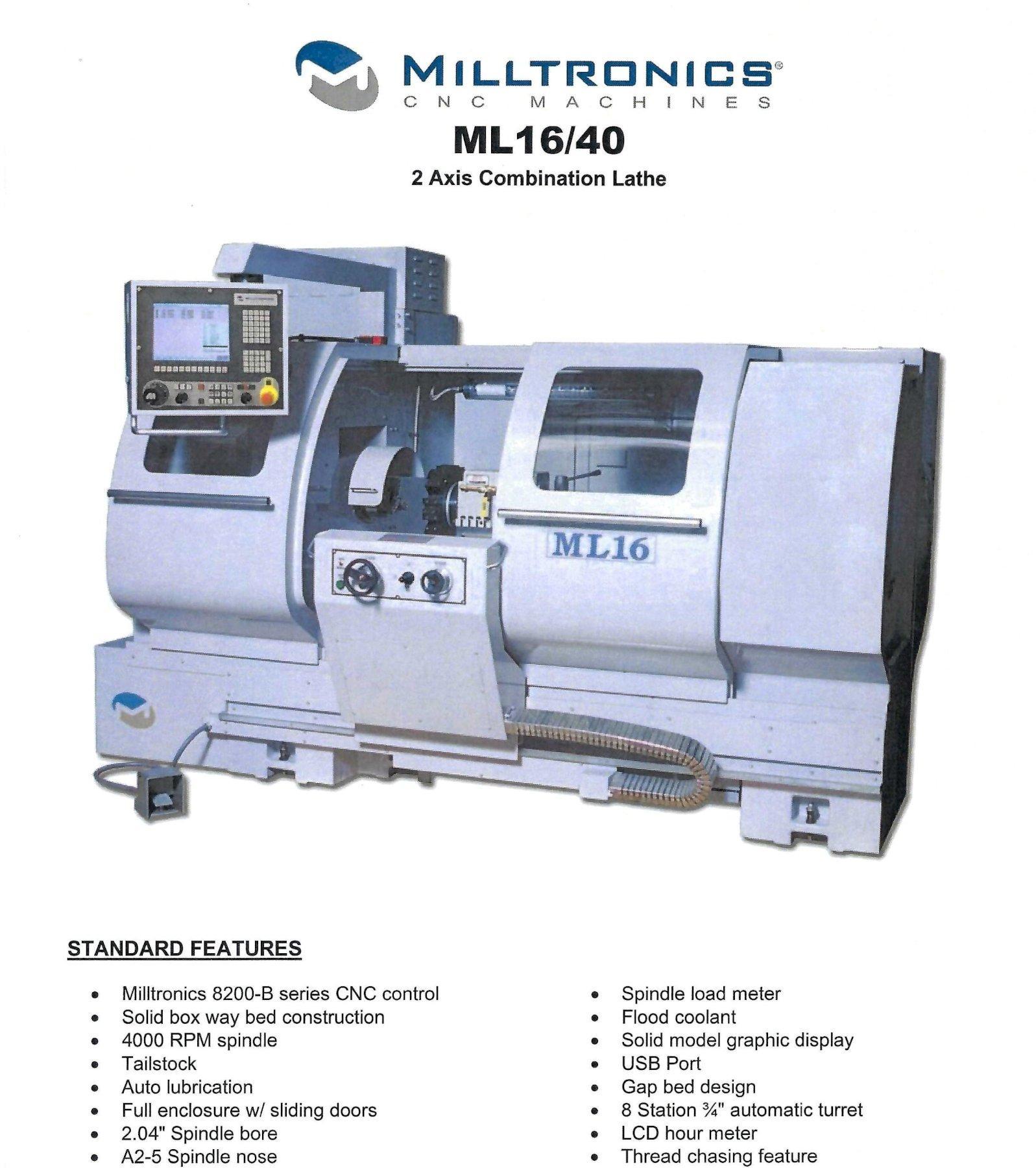 Milltronics Model ML16/40 2-Axis CNC Flat Bed Lathe, S/N 12891, New 2015.