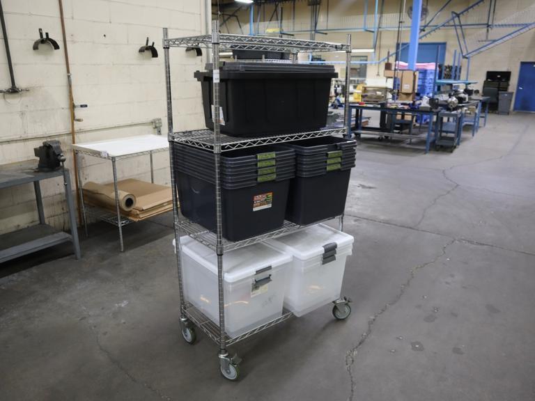 Uline Wire Rack Cart with 4 Shelves and Plastic Totes- Auction Item