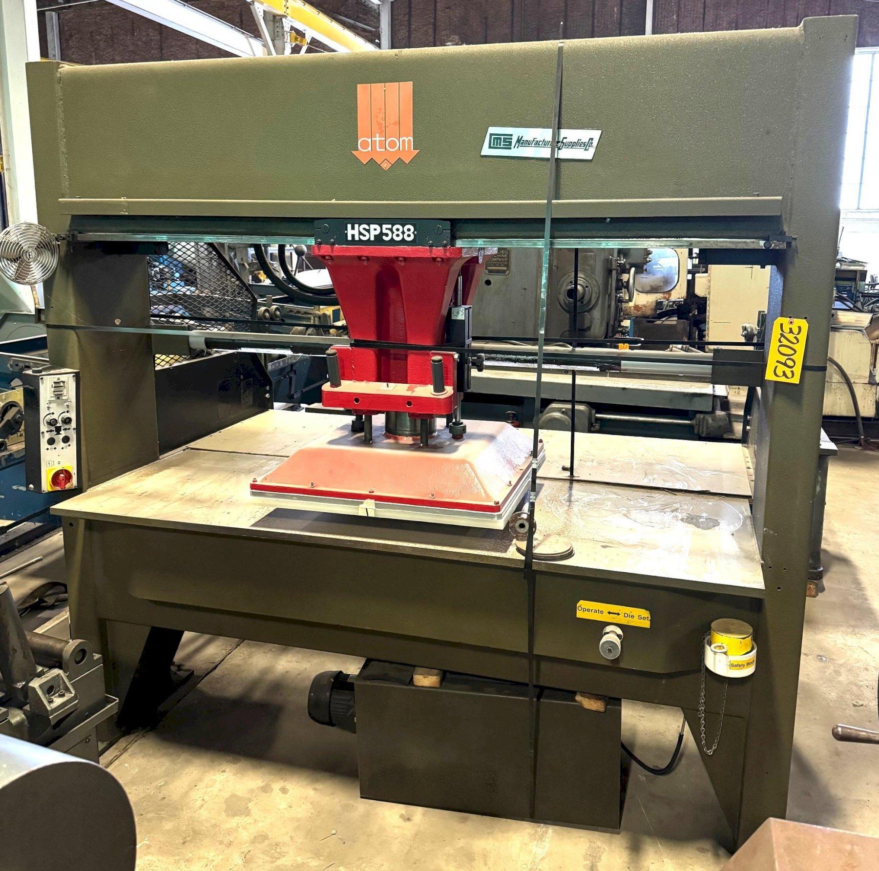 30 Ton ATOM Hydraulic Clicker Press HSP 588/10, Traveling Head, 63″ x 19″,