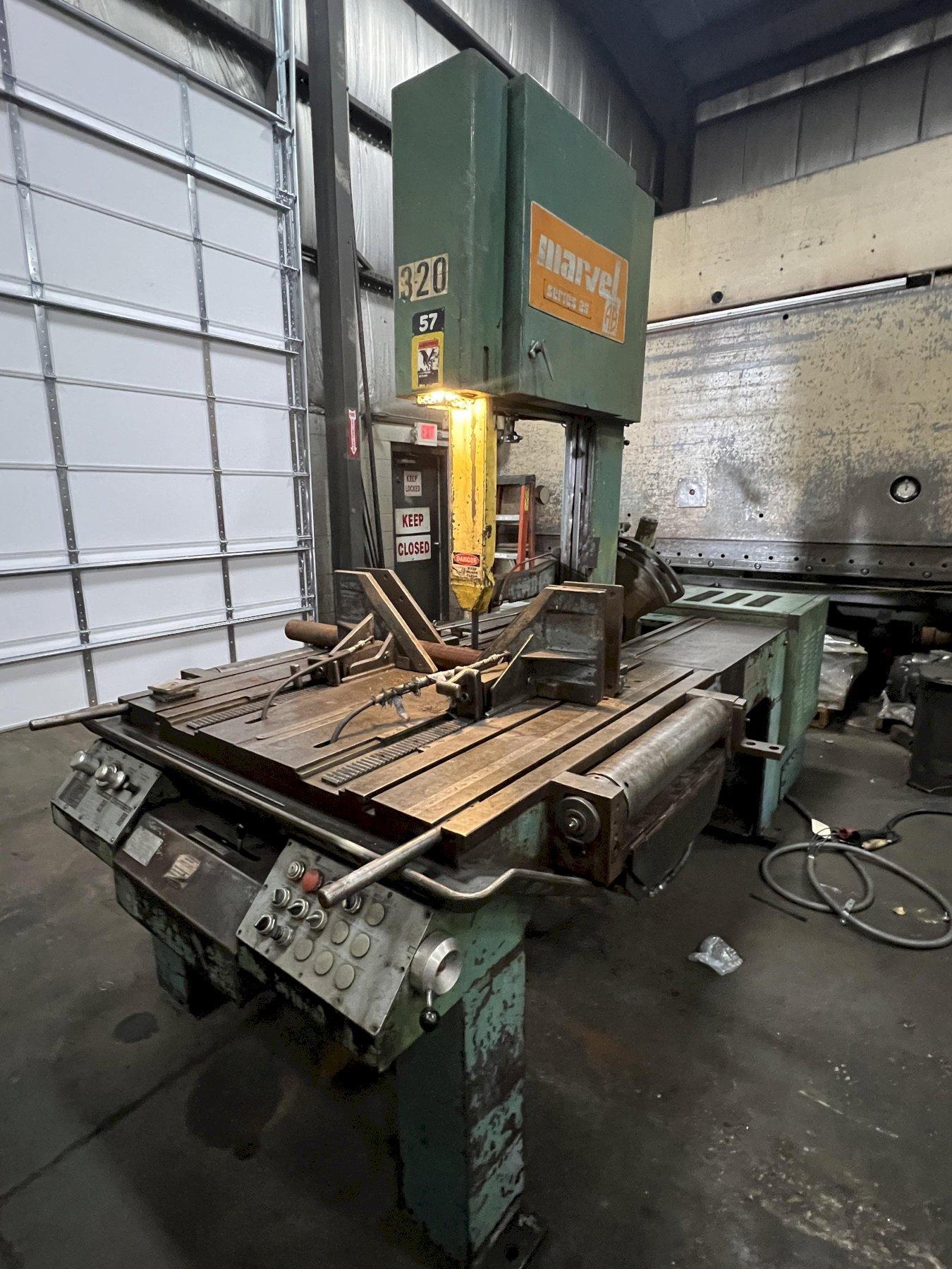 25" x 28" MARVEL VERTICAL BANDSAW, MODEL 25/M1/M15/S1/S2, HEAVY DUTY HYDRAULIC ROLLERS, MITER 45 DEG LEFT RIGHT, 1994