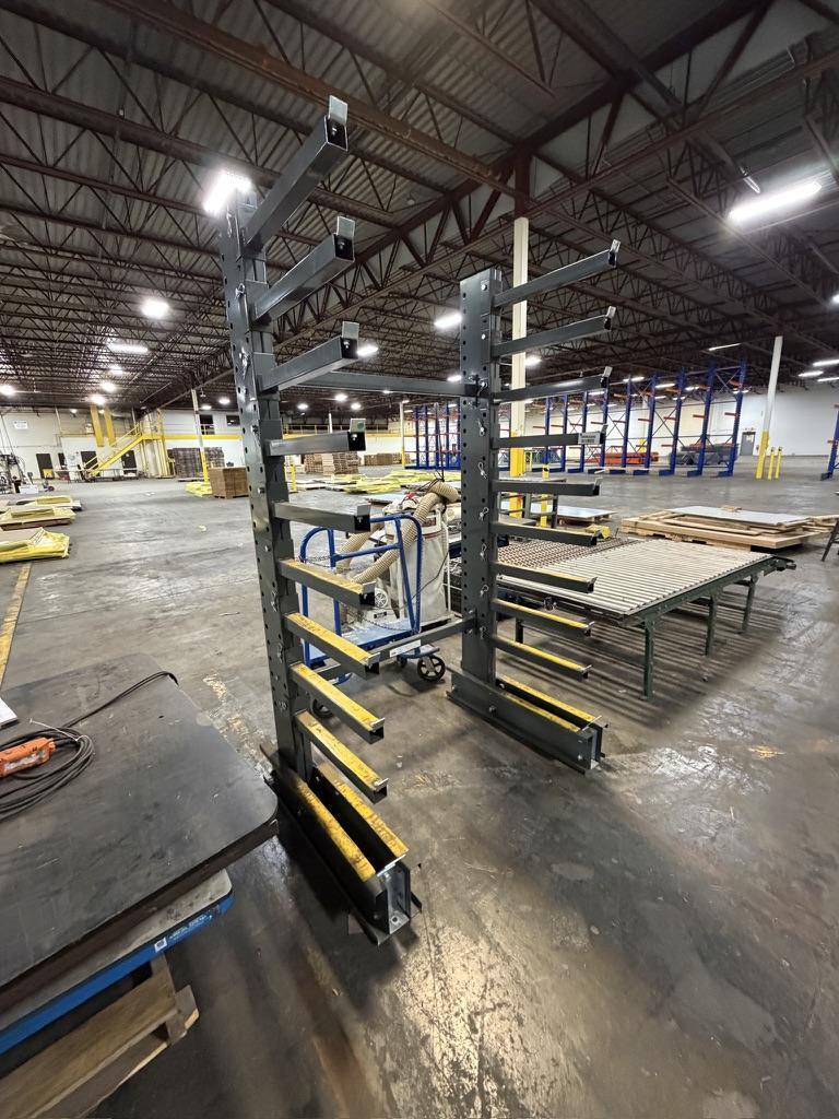 ULINE DOUBLE COLUMN CANTILEVER RACK, 8' HIGH WITH 9 24" ARMS