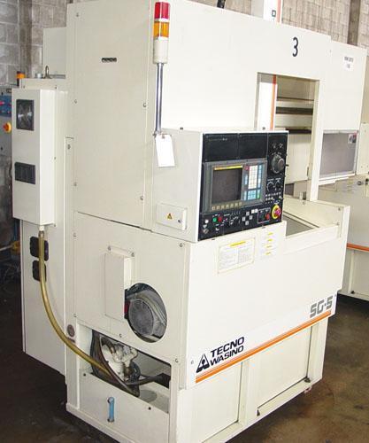 Wasino SG-5 CNC Gang Style, Fanuc 0TC CNC Control, 9" Swing, Collet Chuck, S. Robo-O Integrated Gantry Robot, Low Hours, 1999.