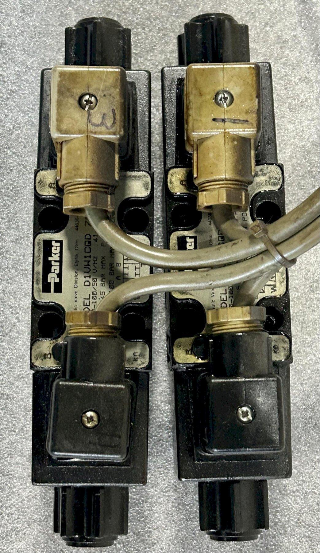 SET OF (2) PARKER DIRECTIONAL CONTROL VALVES, Model D1VW1CQD 70, Double Solenoid, 3-Position, Spring Centered.