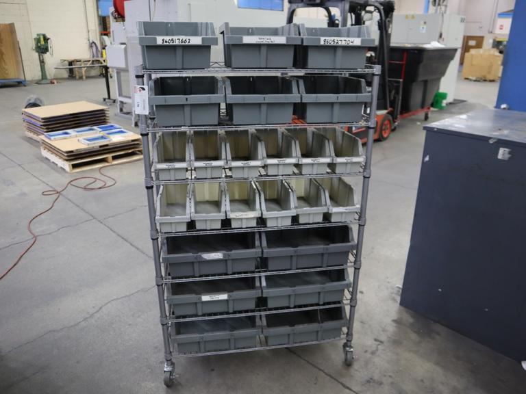 Rolling Wire Rack, (7) Shelves with Plastic Bins 36"x14"x55"- Auction Item