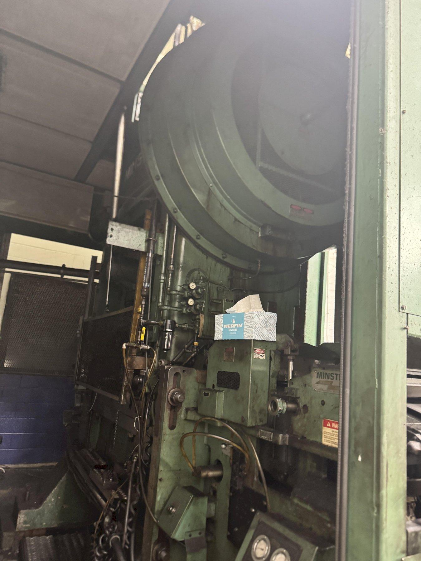 150 TON MINSTER P2-150-54 PIECE MAKER STRAIGHT SIDE HIGH SPEED PRESS WITH MINSTER FEEDLINE. STOCK # 0431226