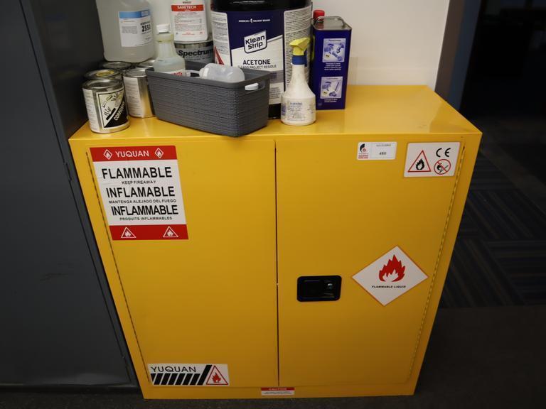 Yuquan 2 Door Locking Flammable Cabinet with Adjustable Shelves and Contents of Chemicals, Paint, Cleaners- Auction Item