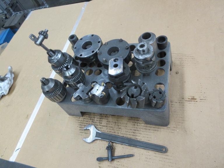 R8 Tooling in Rack, Assorted Size Jacobs Drill Chucks, Boring Heads, Shell Mills- Auction Item