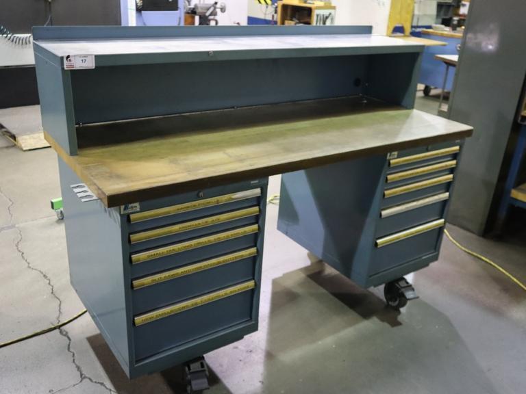 Lista Cabinet Base Work Bench, Maple Top, Portable on Caster, (10) Drawer, Upper Shelf - With Cutting Tool Contents- Auction Item