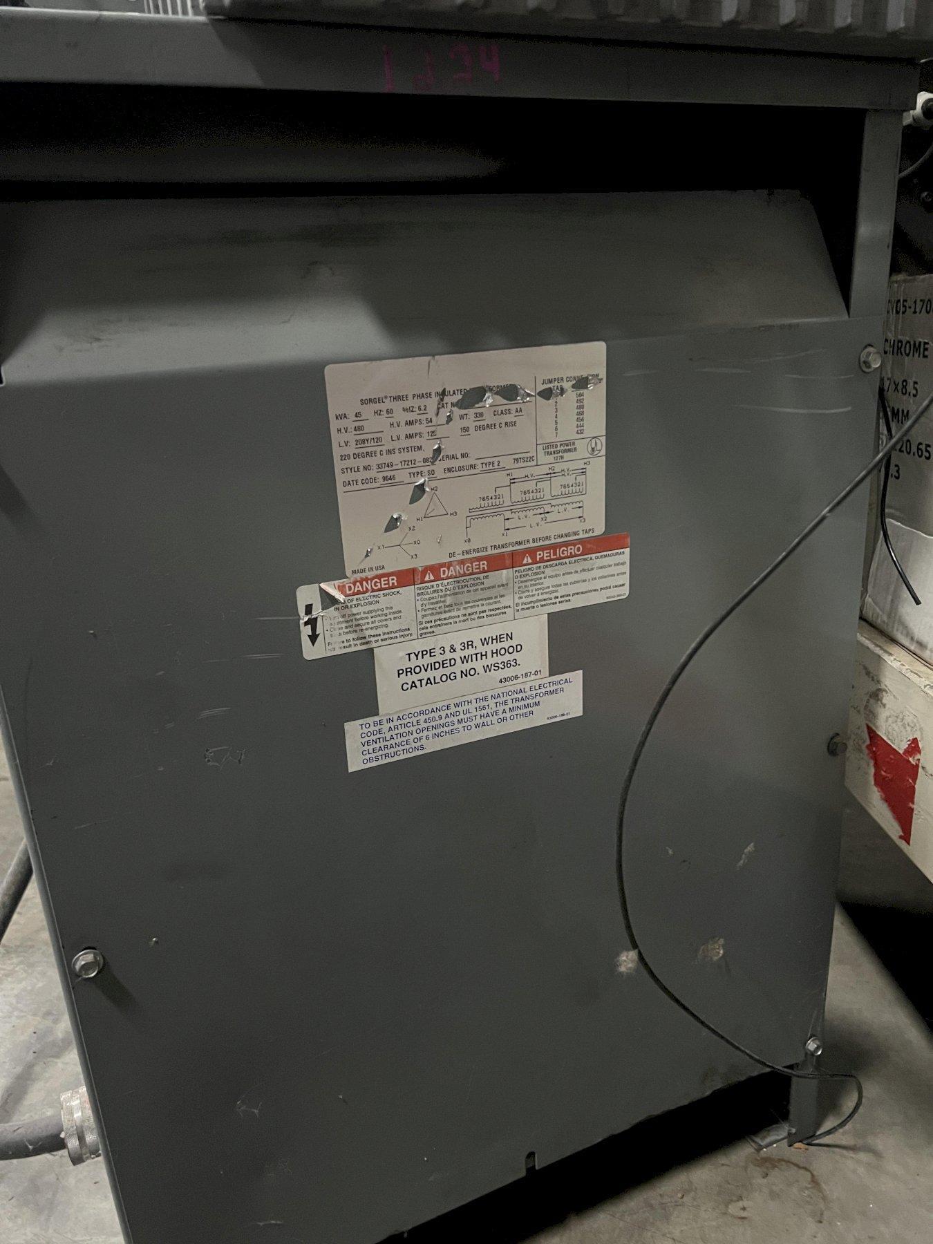 45 KVA SORGEL TRANSFORMER, 3 PHASE, 480 HV, 208 LV