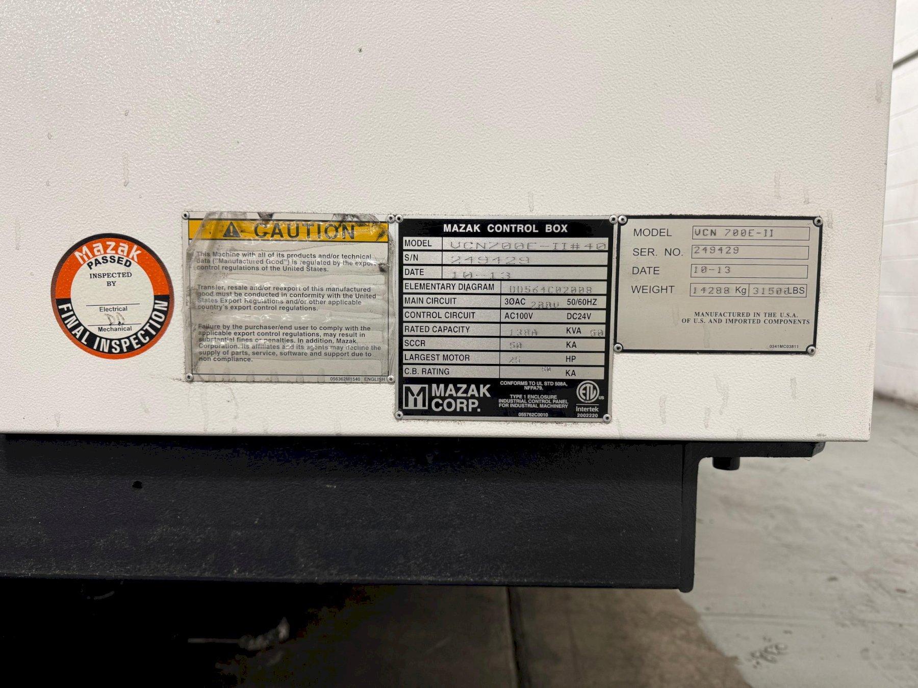 1 - PREOWNED MAZAK VERTICAL MACHINING CENTER, MODEL #: VCN 700E/40-II, S/N: 249429