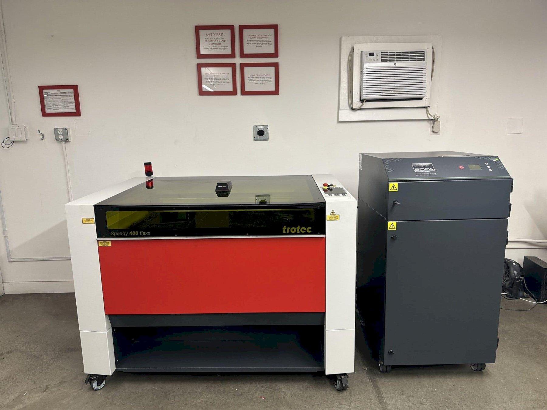 120W Co2/10-50W Fiber Trotec Speedy 400 Flexx, 2023 – Includes Bofa AD1550iQ Fume Extractor