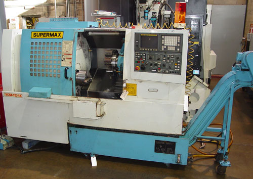 SUPERMAX YCM TC-15, Fanuc OT, Barfeeder, 18" Swing, 8" 3-Jaw Power Chuck, Tailstock w/ 18" Centers, Chip Conveyor, 2000.