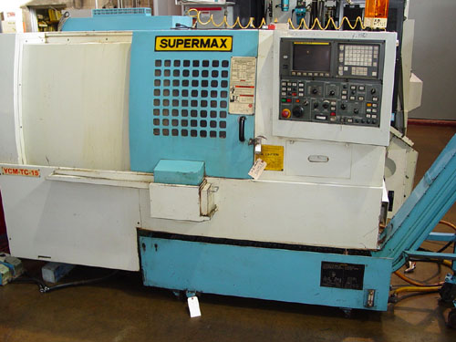 SUPERMAX YCM TC-15, Fanuc OT, Barfeeder, 18" Swing, 8" 3-Jaw Power Chuck, Tailstock w/ 18" Centers, Chip Conveyor, 2000.