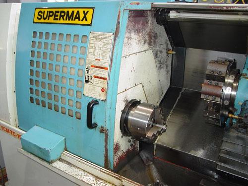 SUPERMAX YCM TC-15, Fanuc OT, Barfeeder, 18" Swing, 8" 3-Jaw Power Chuck, Tailstock w/ 18" Centers, Chip Conveyor, 2000.