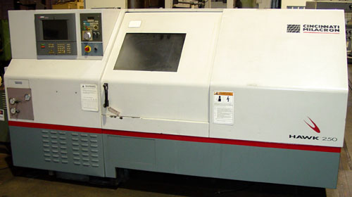 CINCINNATI HAWK 250, Siemens Acramatic 2100 CNC Control, 21" Swing, 10" 3-Jaw Power Chuck, Tailstock w/ 27" Centers, Chip Conveyor, 1999.
