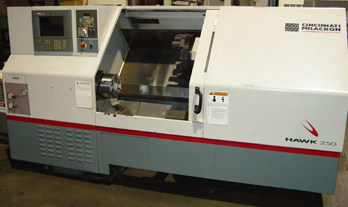 CINCINNATI HAWK 250, Siemens Acramatic 2100 CNC Control, 21" Swing, 10" 3-Jaw Power Chuck, Tailstock w/ 27" Centers, Chip Conveyor, 1999.