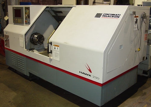 CINCINNATI HAWK 250, Siemens Acramatic 2100 CNC Control, 21" Swing, 10" 3-Jaw Power Chuck, Tailstock w/ 27" Centers, Chip Conveyor, 1999.
