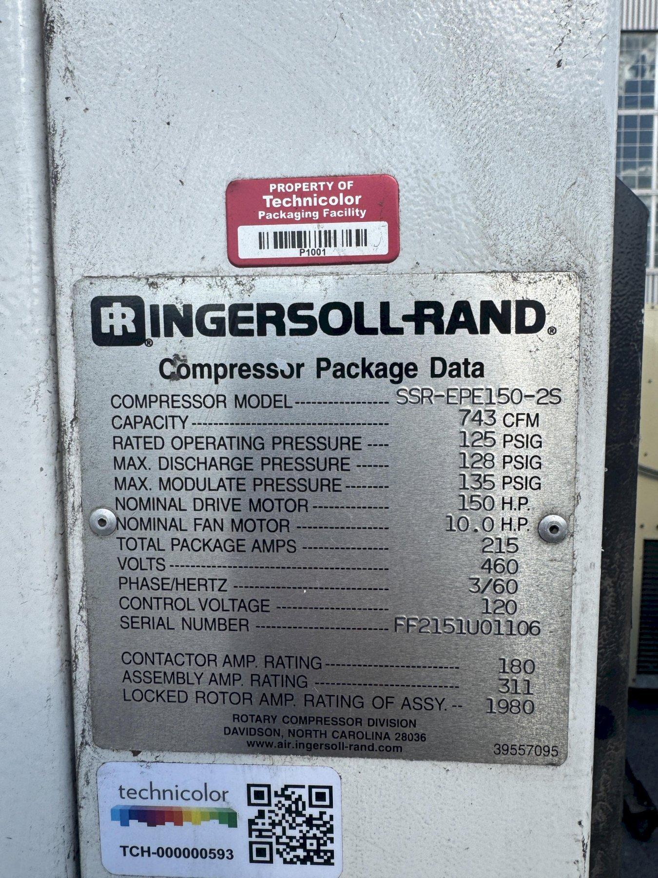 150 HP INGERSOLL-RAND SSR-EPE150-25 ROTARY SCREW AIR COMPRESSOR. STOCK # 0887325