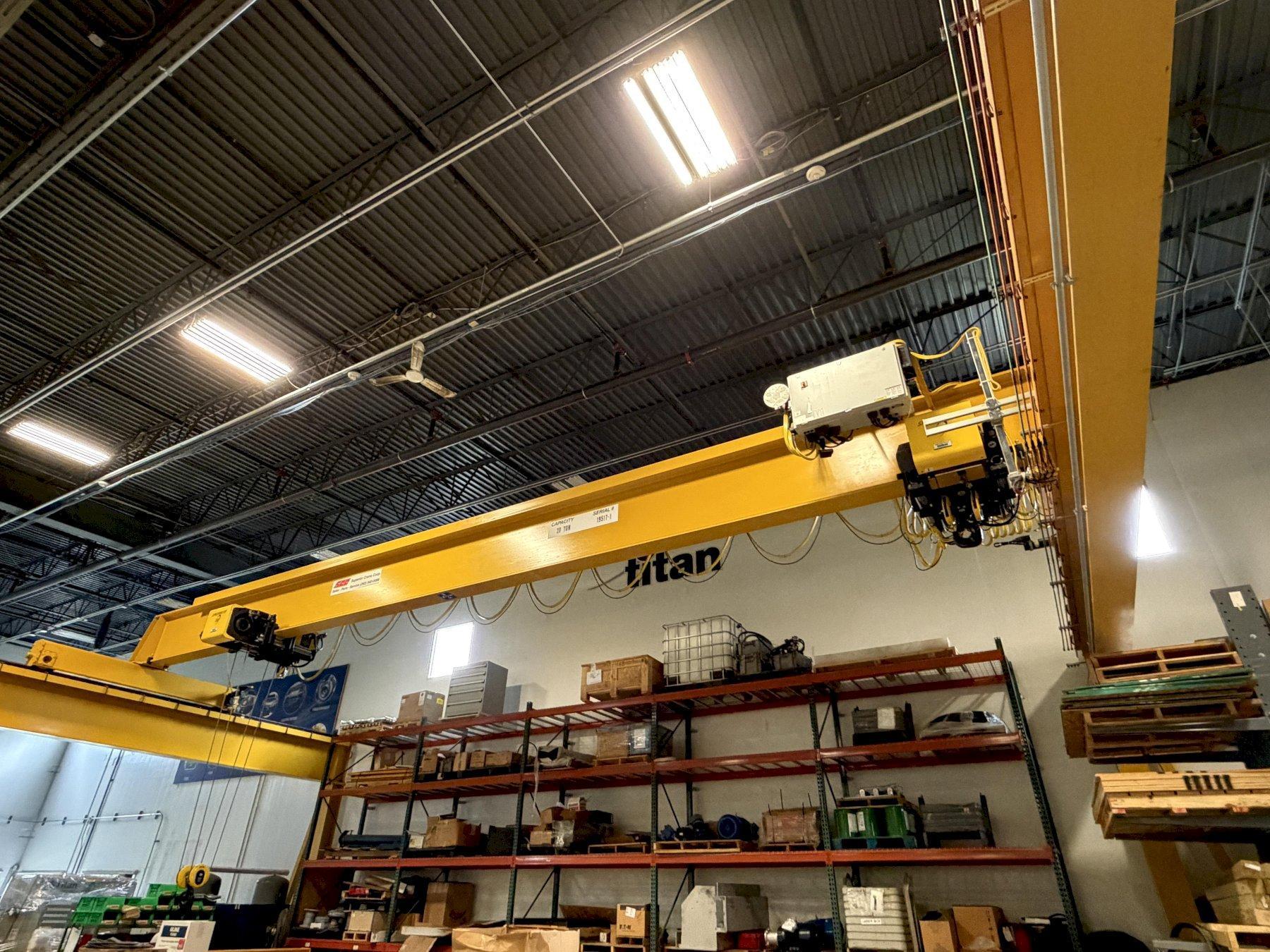 20 TON x 48' SUPERIOR OVERHEAD BRIDGE CRANE SYSTEM: WITH (2) 10 TON SPACEMASTER HOIST & RUNWAY SYSTEM: YOBRO #26277