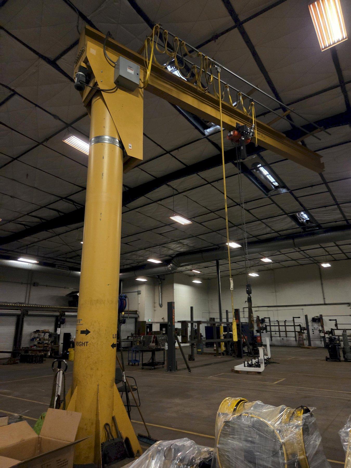 Gorbel Free Standing Jib Crane 
Capacity 1.5 Ton
HUB 19ft
Span 20ft
Free Standing Jib Cranes are Gorbel's most versatile crane and are best for heavy duty, high productivity applications. They are the perfect jib crane to place underneath large bridge cranes, in open areas where they can serve several work stations, in outdoor applications such as loading docks, or in machining and assembly operations where they can be overlapped with other jib cranes to provide staged operation