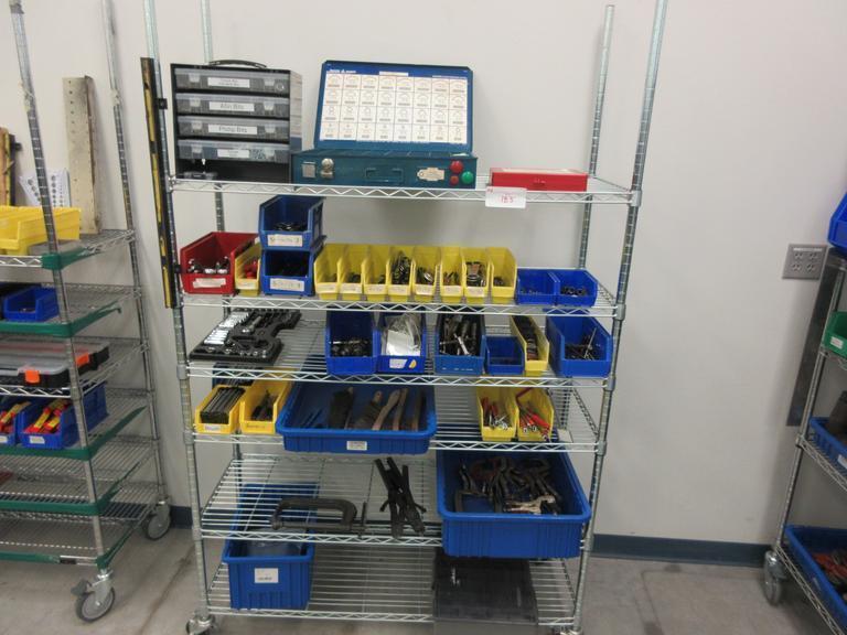 Hand Tools, Large Assortment including Socket Set, Rachet Wrenches, Clamp, Tap Wrenches, Drill Chucks, O-Ring Kit and MORE on 6-Shelf 48" x 18" x 78" Metal Wire Rolling Cart- Auction Item
