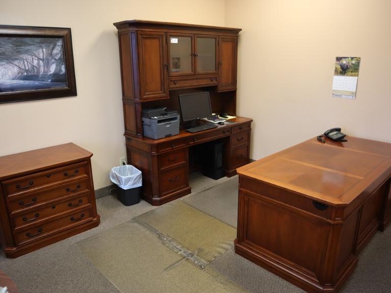 Office Desk, Credenza, Book Case, Lateral File Cabinet Table  (3) Pieces - NO CONTENTS- Auction Item