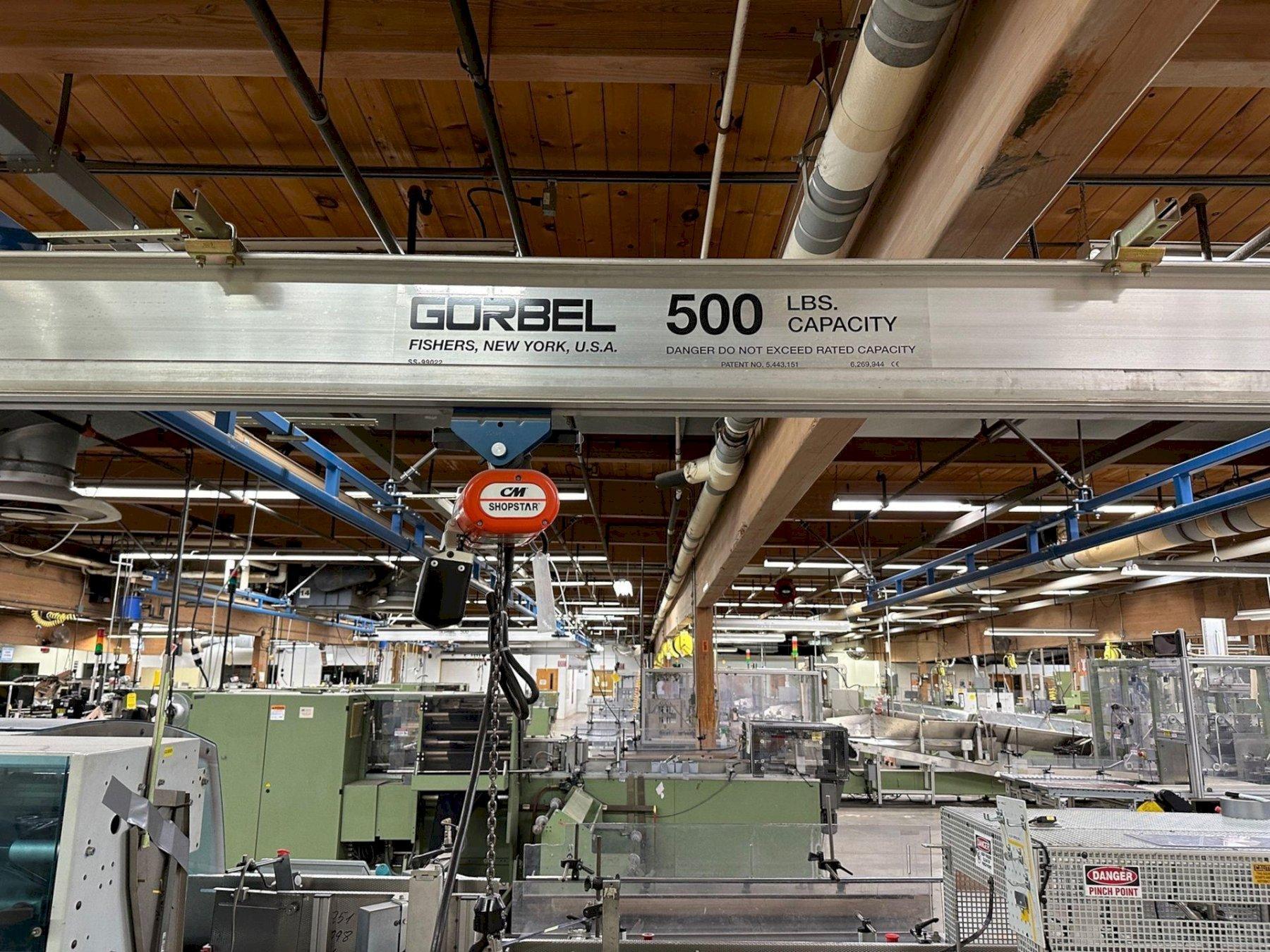 Gorbel 15'x42' Hanging Overhead Crane, 500 lb Hoist, 300 lb Roll Lifting Bar