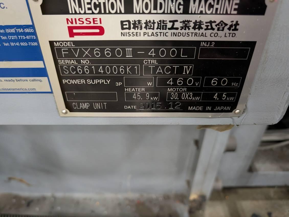 Nissei Used FVX660III-400L Injection Molding Machine, 720 Ton, 168 oz., 460V, yr. 2015 - Includes Robot